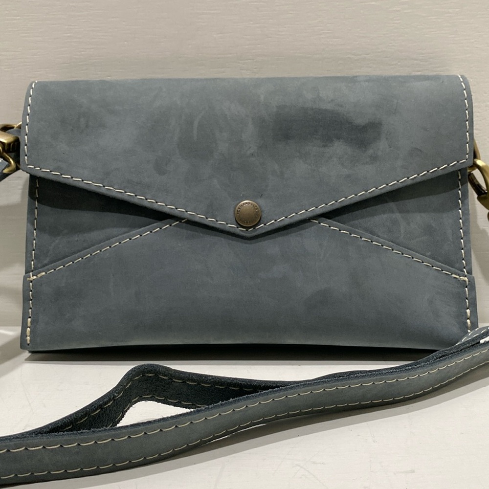 PORTLAND LEATHER GOODS “Almost Perfect” Blue Grey Nubuck Leather Envelope X-Body